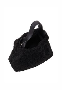 Sort shearling håndtaske med en blød, tekstureret overflade og et glat læderhåndtag. Har et rundt, åbent design for nem adgang.