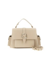 Borsa a tracolla in pelle beige con frontale e patta, caratterizzata da una fibbia circolare in argento, manico superiore e tracolla removibile.