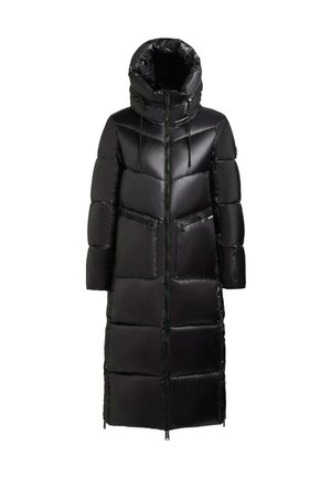 Langer schwarzer Puffer-Mantel mit hohem Kragen, Reißverschluss und zwei vorderen Reißverschluss-Taschen. Verfügt über ein gestepptes Design und eine glatte Textur.
