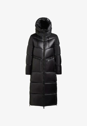 Langer schwarzer Puffer-Mantel mit hohem Kragen, Reißverschluss und zwei vorderen Reißverschluss-Taschen. Verfügt über ein gestepptes Design und eine glatte Textur.