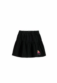 Falda de mezclilla negra con cintura elástica, que presenta un diseño en capas y un detallado bordado de un cono de helado colorido.