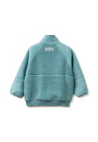 Giacca in pile di colore teal con colletto alto, maniche raglan e texture morbida. Presenta un'etichetta sul retro e polsini e orlo elasticizzati.