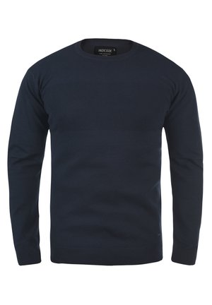 Marineblauer Pullover mit langen Ärmeln und einem strukturierten horizontalen Band über der Brust. Runde Ausschnitt und gerippte Bündchen sowie Saum. Hergestellt aus weichem Stoff.