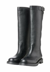 Svart höga läderstövlar med texturerad yta, rund tå och en låg blockklack. Utrustad med en sidspänne och sömlös ovandel.