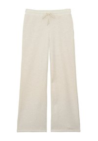 Pantalons larges beiges en tissu doux avec une taille élastique à cordon de serrage. Possède une surface texturée et des jambes droites.