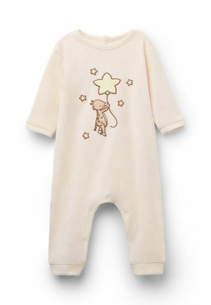 Cremfarbener Baby-Body aus weichem Stoff, mit einem braunen gestickten Design eines Giraffen, der einen Sternballon hält, umgeben von Sternen.
