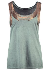 Light green tank top with a scoop neckline featuring metallic bronze accents on the shoulders. Made from soft, lightweight material.