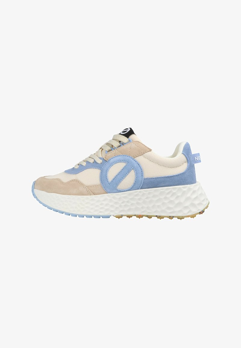 Sneakers featuring a mix of beige suede and light blue accents, mesh upper, chunky white sole with textured design, and circular logo detail.