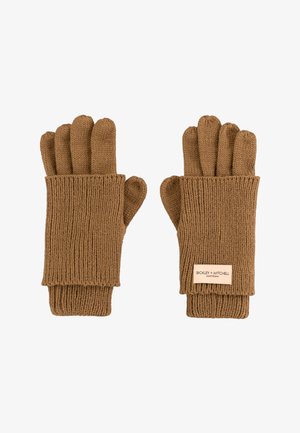Knitted brown gloves featuring a ribbed texture, with a fold-over cuff and a label on one side, designed for warmth and comfort.