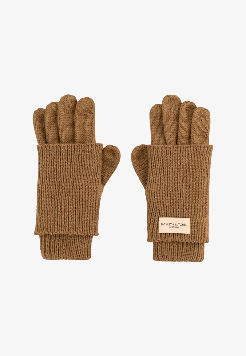 Zdzierane brązowe rękawice z prążkowaną teksturą, z mankietem do noszenia i metką po jednej stronie, zaprojektowane z myślą o ciepłe i komforcie.