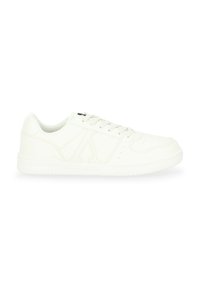 White leather sneakers with lace-up closure, flat rubber sole, perforated accents, and embossed logo detailing on the side.
