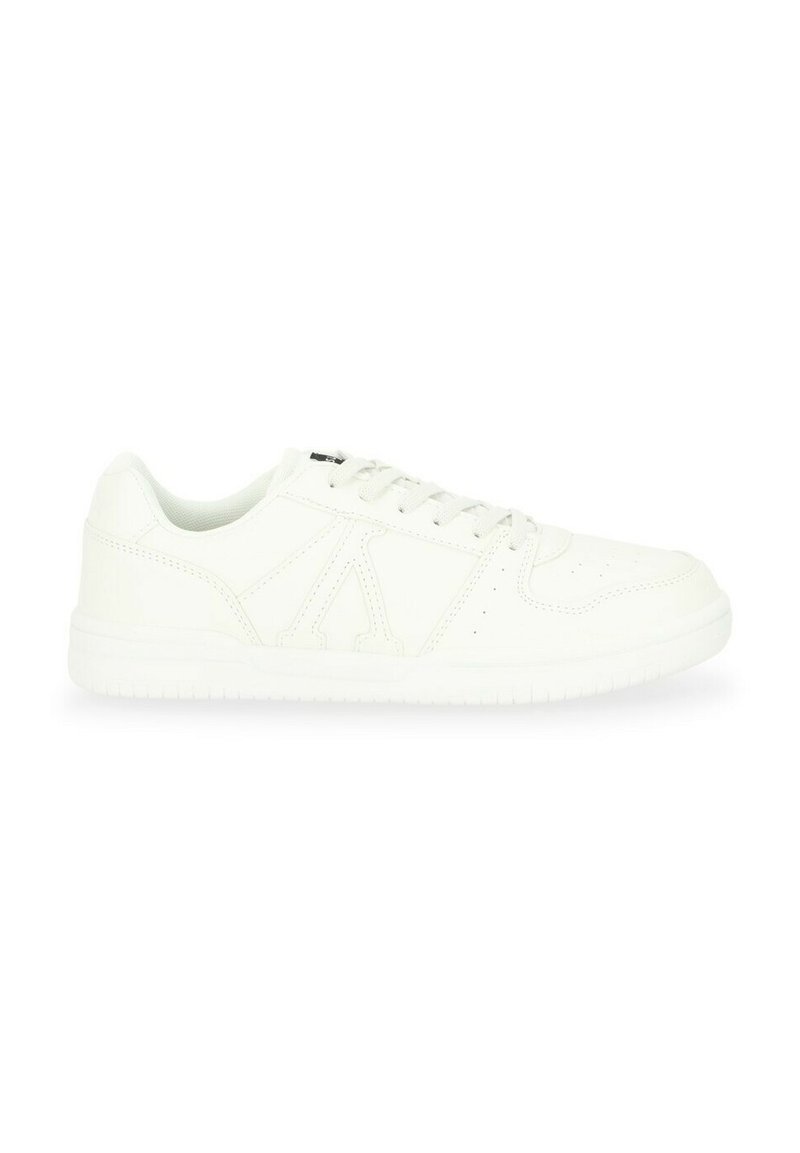 White leather sneakers with lace-up closure, flat rubber sole, perforated accents, and embossed logo detailing on the side.