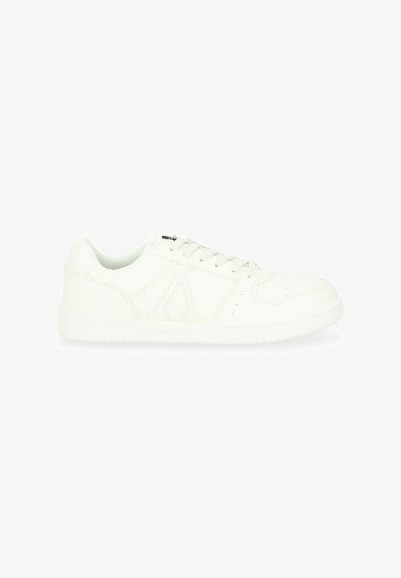White leather sneakers with lace-up closure, flat rubber sole, perforated accents, and embossed logo detailing on the side.