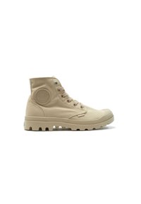 Beige Hochschnitt-Stiefel aus Canvas mit Gummisohle. Mit einem runden Logo-Patch, Ösen und einer strukturierten Zehenkappe. Sichtbare verstärkte Nähte.