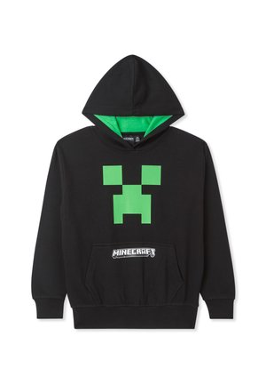 Felpa nera con un design pixelato di Creeper verde sul davanti, dotata di tasca a marsupio e fodera verde all'interno del cappuccio.