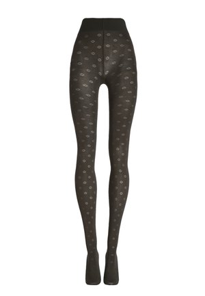 Collants transparents noirs avec une taille haute et de petits motifs floraux régulièrement espacés sur les jambes.