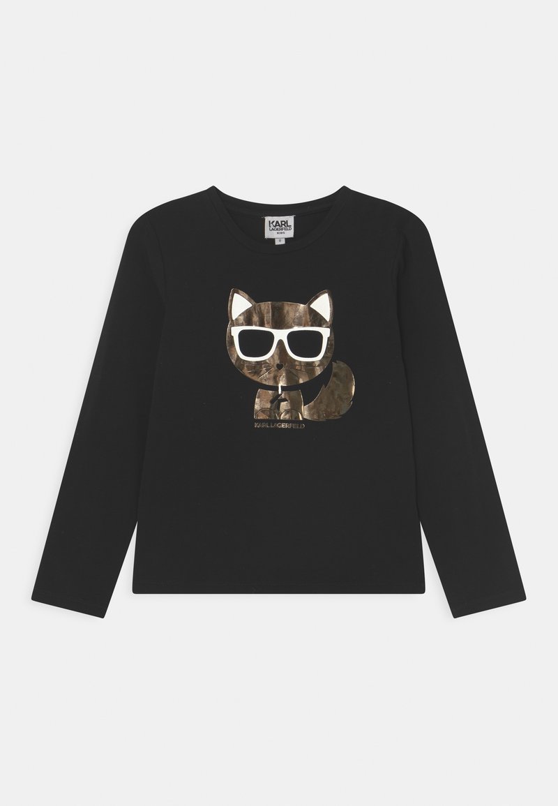 Camisa negra de manga larga con un gráfico metálico de un gato que lleva gafas de sol. Tela suave con escote redondo y ajuste regular.