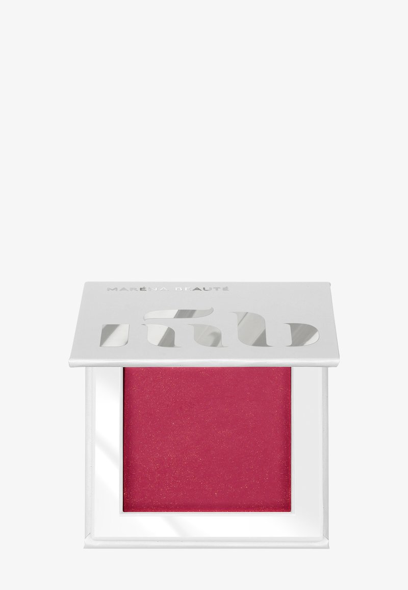 Heldere roze geperste blush in een vierkante witte compact met een heldere reflecterende deksel. Heeft metallic letters aan de bovenkant.