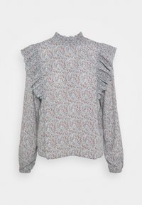 Bluse mit Blumenmuster, langen Ärmeln, Rüschen-Schultern, hohem Stehkragen und strukturiertem Stoff in Blau- und Brauntönen.