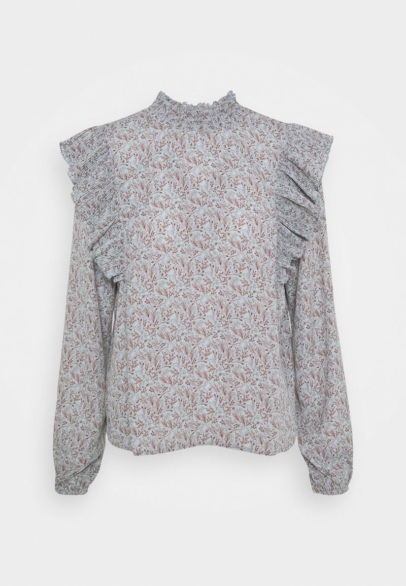 Bluse mit Blumenmuster, langen Ärmeln, Rüschen-Schultern, hohem Stehkragen und strukturiertem Stoff in Blau- und Brauntönen.