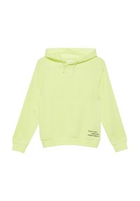 Geel-groene hoodie met een voorste kangoeroezak, verstelbare capuchon en zwarte opdruk aan de rechteronderzijde. Gemaakt van zachte stof.