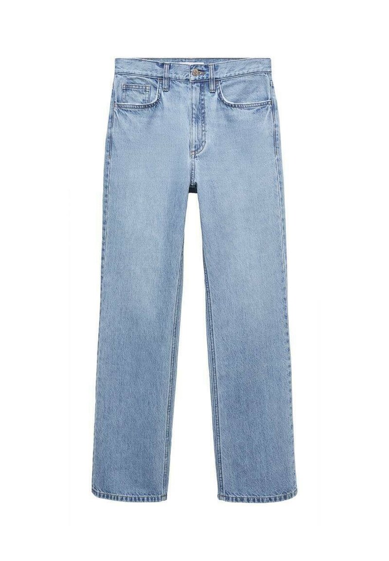 Helle blaue gerade geschnittene Denim-Jeans mit Fünf-Taschen-Design, Knopfverschluss und leicht verblasster Textur.