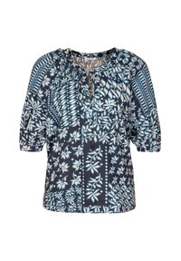 Blusa a righe blu e bianche con maniche a sbuffo corte, scollo rotondo e apertura a chiave sul davanti, decorata con motivi floreali.