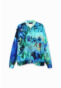 Bunda na zip s živými modrými a zelenými vzory ve vířícím stylu. Má měkkou tkaninu, žebrované manžety a přední kapsu.