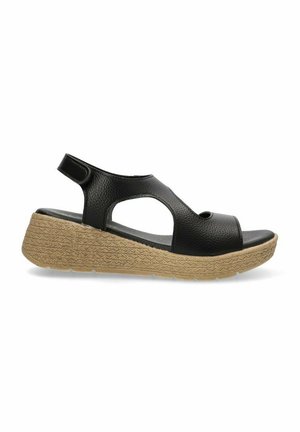 Sandalias de cuña negras con parte superior sintética texturizada, punta abierta y una correa con cierre de gancho y bucle. Suela moldeada estilo yute.