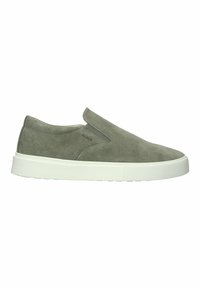 Olivengrøn ruskind slip-on sneaker med tyk hvid gummisål og diskrete elastiske sidepaneler for nem påtagning.