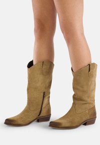 Stivali cowboy alti in camoscio color tan con punta affusolata, zip laterale e bordo superiore angolato. Presentano cuciture testurizzate sulla punta e un tacco basso.