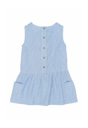 Modré a biele pruhované šaty bez rukávov s nariasenou sukňou, s drevenými gombíkmi na chrbte a dvoma prednými vreckami.