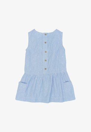 Vestido sin mangas de rayas azules y blancas con falda fruncida, con botones de madera en la parte trasera y dos bolsillos delanteros.