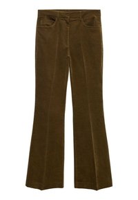 Ruskeat samettinahkaiset liehuvat housut, joissa on sileä pinta, etutaskut ja tavallinen vyötärönauha. Lahkeet levenevät alaspäin.