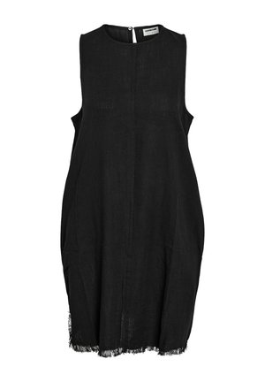 Schwarzes ärmelloses Kleid aus strukturiertem Stoff, mit Rundhalsausschnitt, Rückenschluss und ausgefransten Säumen für zusätzlichen Interesse.