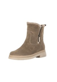 Brune ruskinds ankelstøvle med en blød fuzzy krave, sidezipper og en struktureret beige sål. Har en rund tå og et minimalistisk design.