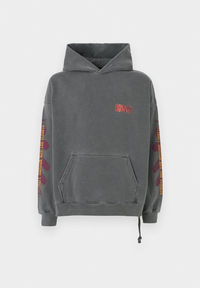Sweatshirt à capuche gris avec une poche avant, arborant un logo rouge brodé sur la poitrine et des graphismes audacieux et colorés sur les manches.
