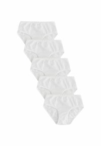 Weiße Baumwollslips, die in einem Stapel von fünf präsentiert werden, mit einem gewellten Bund und einer weichen, glatten Textur. Klassischer Slip-Schnitt.