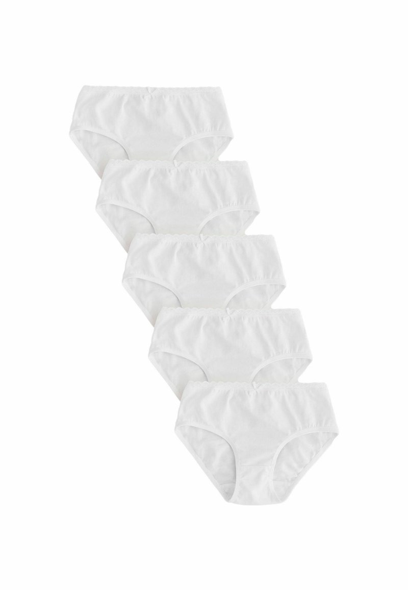Weiße Baumwollslips, die in einem Stapel von fünf präsentiert werden, mit einem gewellten Bund und einer weichen, glatten Textur. Klassischer Slip-Schnitt.