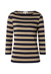 Gestreiftes Langarmshirt mit abwechselnd marineblauen und beigen Streifen, rundem Ausschnitt und einer weichen, glatten Textur.