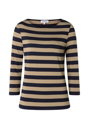 Gestreiftes Langarmshirt mit abwechselnd marineblauen und beigen Streifen, rundem Ausschnitt und einer weichen, glatten Textur.