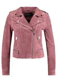Růžová semišová motorkářská bunda s klopovým límcem, asymetrickým zipem a dvěma zipovanými bočními kapesami. Má prošité panelové detaily.