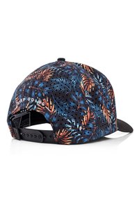 Black snapback cap featuring tropical leaf pattern in blue, orange, and green on the fabric; embroidered "KEEP GOING" detail.