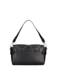 Borsa a spalla in pelle nera con design trapuntato, dettagli in oro, forma piatta e tracolla regolabile e removibile.