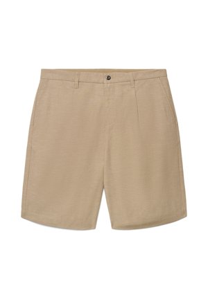 Beige kniehohe Herrenshorts mit Gürtelschlaufen, Frontknopf, Seitentaschen und tailliertem Schnitt.