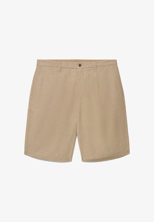 Shorts beige pour hommes, longueur genou, avec passants de ceinture, bouton à l'avant, poches latérales et coupe ajustée.