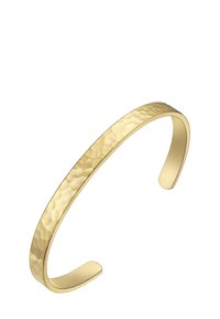 Zlatno tone zapestnica s hammered teksturo, ki ima gladko, polirano notranjo površino in odprte konce za enostavno nošnjo.