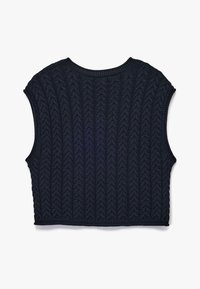 Granatowy dziergany top typu crop top z teksturowanym wzorem, z prążkowanym dekoltem i krótkimi, szerokimi rękawami, wykonany z miękkiej przędzy.