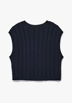 Top corto lavorato a maglia di colore blu navy, caratterizzato da un motivo testurizzato, con scollatura a costine e maniche corte e larghe, realizzato in un filato morbido.