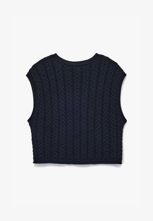 Top corto lavorato a maglia di colore blu navy, caratterizzato da un motivo testurizzato, con scollatura a costine e maniche corte e larghe, realizzato in un filato morbido.